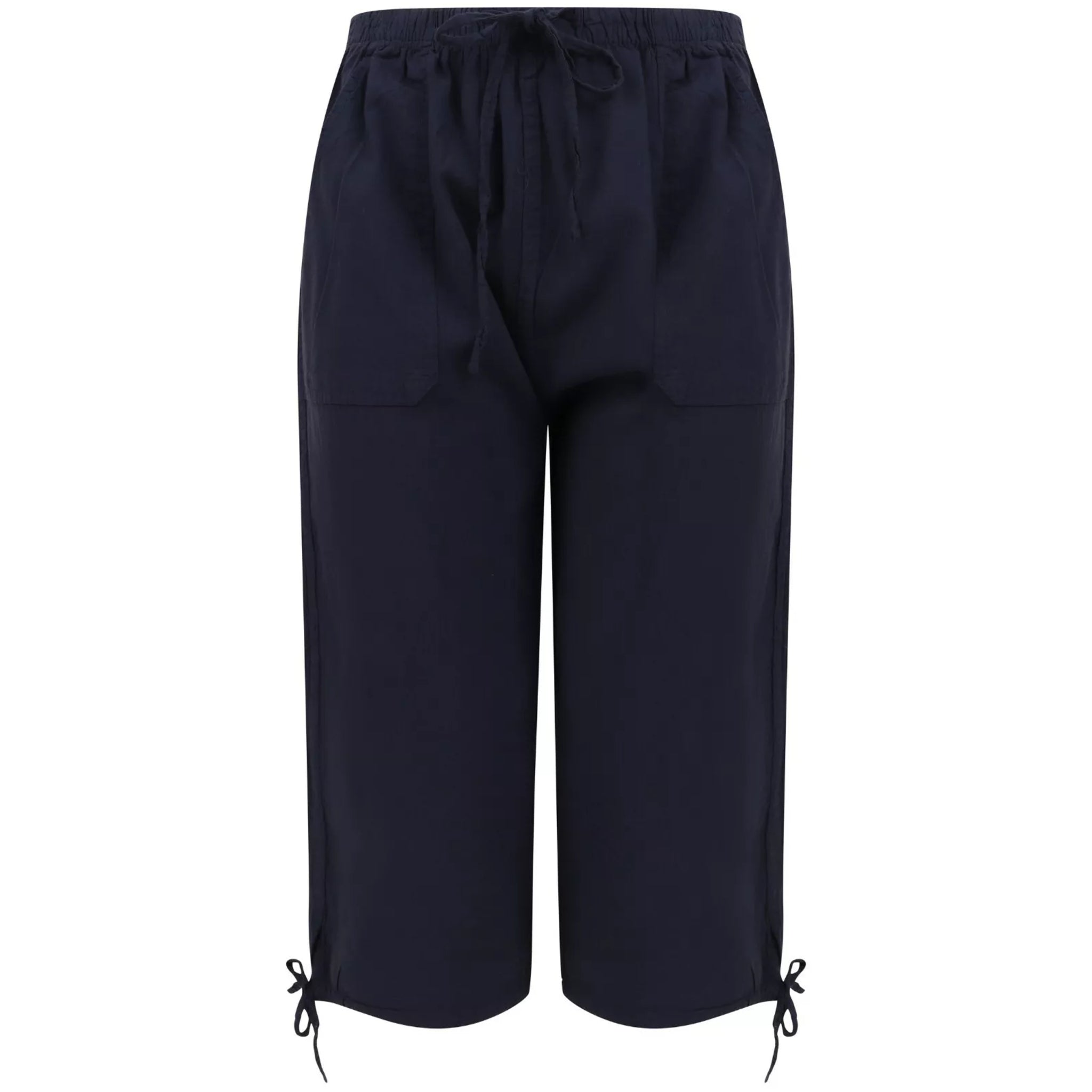 Ladies navy 3/4 length pedal pusher shorts with drawstring waist and pockets